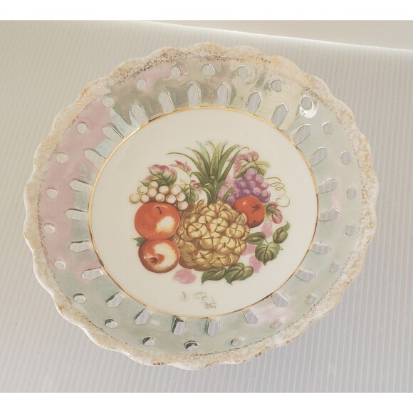 Antique Ucagco Pedestal Footed Pierced Fruit Hand Painted Ceramic Plate Luster - Picture 3 of 7